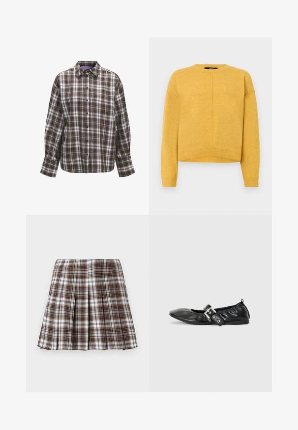Suéter amarillo de punto con cuello redondo, hombros caídos y dobladillo acanalado. Textura suave y un diseño simple de corte recto.; Camisa a cuadros marrón y blanca con cuello, mangas largas y botones al frente. Presenta un patrón a cuadros con diferentes anchos de rayas y texturas.; Falda plisada de cuadros marrones y blancos con un diseño estructurado y una textura nítida, que presenta una cintura alta y múltiples pliegues verticales.; Zapato plano de piel negra con puntera afilada, detalle fruncido alrededor de la abertura y un acento de hebilla plateada en la correa ajustable.