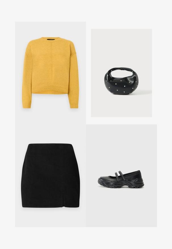Gul strikket sweater med rund halsudskæring, sænkede skuldre og ribbet kant. Blød tekstur og et simpelt, lige snit.; Sort kordfløjlskørt med lige snit, en lille frontslids og tekstureret stof. Ingen synlige detaljer eller hardware.; Sorte læder mary jane flade sko med to justerbare remme, en rund tå og en struktureret gummisål for ekstra greb.; Sort læderhåndtaske med en rundet form, dekoreret med sølvnitter, og et kort håndtag. Glat tekstur og lynlåslukning.