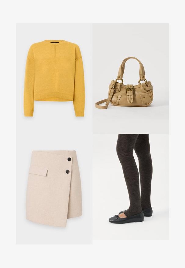 Gul strikket sweater med rund halsudskæring, sænkede skuldre og ribbet kant. Blød tekstur og et simpelt, lige snit.; Beige indpakningsskørt i et tekstureret stof, med en sidelomme, to sorte knapper og en let buet kant.; Ben iført mørke ribbede leggings kombineret med sorte balletsko med små sløjfedetaljer på hvid baggrund.; Beige læderhåndtaske med dobbelte håndtag, messing spænde og nitte detaljer samt en justerbar skulderrem mod en hvid baggrund.