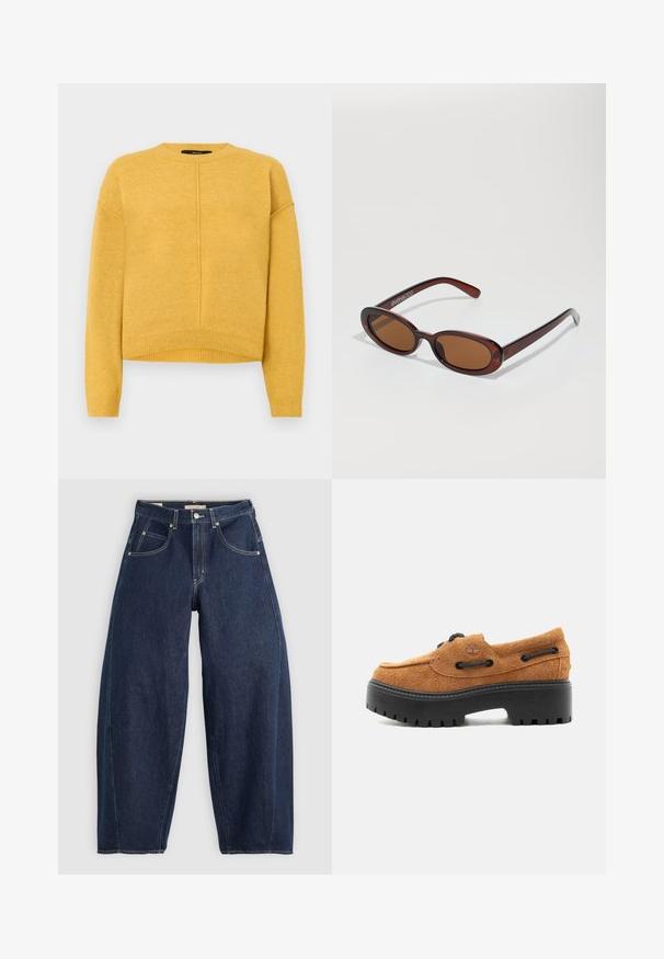 Pull en maille jaune avec un col rond, des épaules tombantes et un ourlet côtelé. Texture douce et design simple à coupe droite.; Jean en denim bleu foncé, à coupe ample, avec des coutures claires, cinq poches et un bouton de fermeture à la taille.; Mocassin en daim marron avec semelle crantée noire épaisse, détails lacés, et logo embossé sur le côté, vu de l'extérieur.; Lunettes de soleil rondes teinte brun avec une monture bordeaux brillante. Branches fines avec un détail de marque subtil. Design de verres plats.