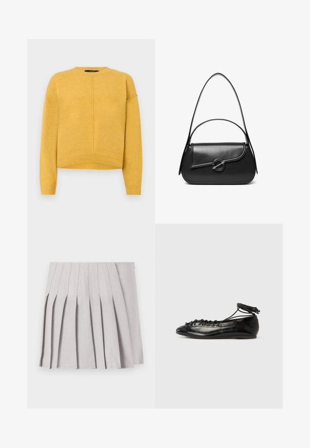 Gul strikket sweater med rund halsudskæring, sænkede skuldre og ribbet kant. Blød tekstur og et simpelt, lige snit.; Grå plisseret nederdel med en glat tekstur, der har flere lodrette folder og en tætsiddende talje. Fremstillet af letvægtsstof.; Sorte balletflade sko i laklæder med rundet tå, snørelukning og flad sål. Glat tekstur med få detaljer.; Sort skuldertaske i læder med en buet klap, der er fastgjort med en rund metal spænde, og en slank, justerbar rem.