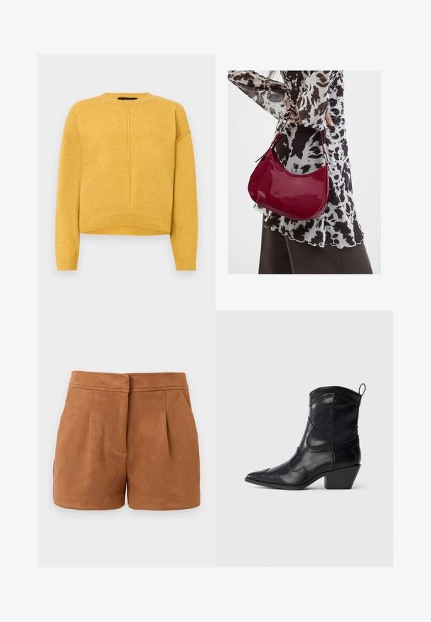 Pull en maille jaune avec un col rond, des épaules tombantes et un ourlet côtelé. Texture douce et design simple à coupe droite.; Shorts en faux suède brun avec un design ajusté, dotés de deux poches avant et de plis subtils, offrant une texture lisse et douce.; Botte western en cuir noir mi-mollet avec bout pointu, couture décorative, tirette et talon bloc empilé sur fond neutre.; Femme portant un chemisier à motif noir et blanc tenant un sac à main rouge brillant sur un fond uni.