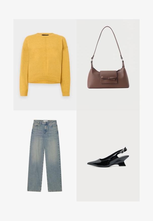 Gul strikket sweater med rund halsudskæring, sænkede skuldre og ribbet kant. Blød tekstur og et simpelt, lige snit.; Lyseblå højtaljede lige ben jeans i denim med forlommer, bæltestropper og synlig knap- og lynlåslukning.; Sort laklæder slingback sko med spids tå og lav vinklet blokhæl på ensartet lys baggrund.; Brun skuldertaske i læder med en frontlomme med klap, der har en sydd sløjfedetalje, og en justerbar rem.