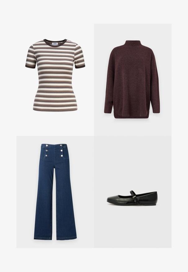 Vero Moda Knitted VMPLAZA Knitted - Πουλόβερ - wine tasting; Εφαρμοστή κορυφή με κοντά μανίκια και ριμπ ύφασμα, με οριζόντιες ρίγες σε καφέ, μπεζ, κρεμ και μαύρο χρώμα, καθώς και σκούρο καφέ λαιμόκοψη και μανσέτες στα μανίκια.; Ψηλόμεσα σκούρα μπλε τζιν με φαρδιά πόδια και έξι ασημένια κουμπιά διατεταγμένα σε δύο κάθετες σειρές στη μπροστινή ζώνη μέσης.; Μαύρες δερμάτινες μπαλαρίνες με στρογγυλή μύτη, επίπεδη σόλα και λεπτή ρυθμιζόμενη ζώνη πάνω από το πέλμα με μεταλλική πόρπη.