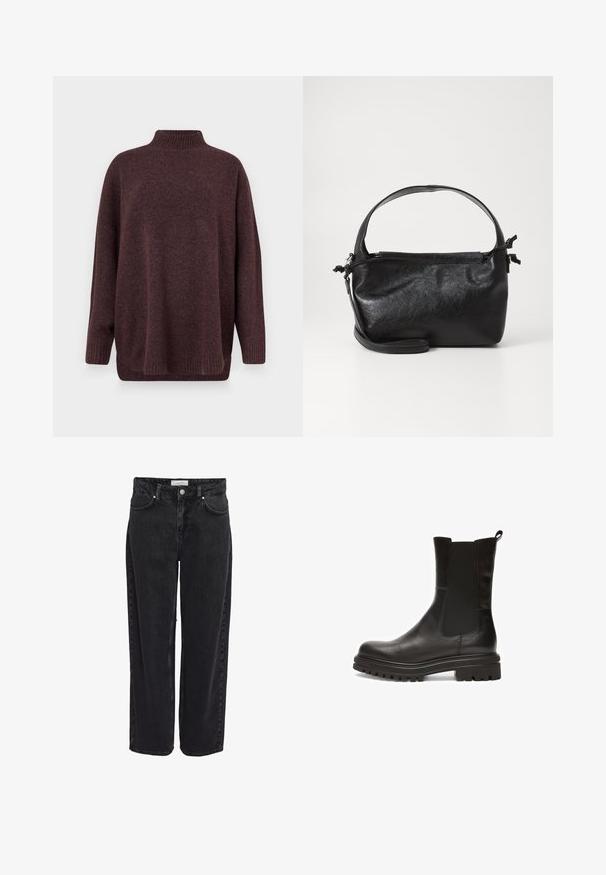 Vero Moda Knitted VMPLAZA Knitted - Striktrøje - wine tasting; Sort denim bukser med vide ben og høj talje, fem-lomme design og lynlåsgylp. Glat tekstur med minimale synlige syningsdetaljer.; Sorte læderankelstøvler med elastiske sidepaneler, afrundet tå og en tyk, tekstureret gummisål med dybe riller for ekstra greb.; Sort læderhåndtaske med et struktureret design, rund tophåndtag og aftagelig skulderrem. Den har en glat tekstur og en subtil glans.