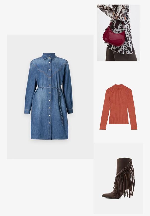 Geribbeld coltrui in roestkleur, met lange mouwen en een nauwsluitend ontwerp, gemaakt van zachte rekbare stof.; Lichtblauwe denim jurk met lange mouwen, knoopsluiting aan de voorkant, kraag en tailleband. Heeft gestikte schouderpasdetails en zakken.; Bruine suède enkellaars met hoge hak, spitse neus en lange franjes die vanaf de bovenrand hangen.; Vrouw met een zwart-wit gebloemde blouse houdt een glanzende rode schoudertas vast tegen een effen achtergrond.