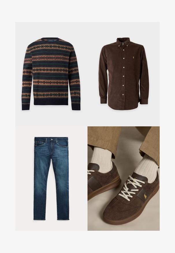 Pull manches longues col rond avec motif fair isle horizontal en bleu marine, marron, vert et bordeaux, marquage Polo Ralph Lauren à l’intérieur du col.; Chemise marron à manches longues avec boutons, col et petit logo brodé sur le côté gauche de la poitrine.; Jean slim bleu foncé avec bouton et fermeture éclair à l'avant, cinq poches et une subtile décoloration sur l’avant des cuisses et des genoux.; Baskets en daim marron avec lacets blancs portées avec des chaussettes côtelées beiges et un pantalon marron clair.