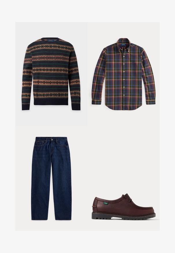 Langärmeliger Pullover mit Rundhalsausschnitt und horizontalem Fair Isle Muster in Navy, Braun, Grün und Burgunder, mit Polo Ralph Lauren Branding innen im Kragen.; Langärmeliges Hemd mit Knopfleiste, kariert in Grün, Rot, Blau und Gelb, mit einem Kragen mit Knöpfen.; Dunkelblaue Jeans mit geradem Bein, fünf Taschen, vorderem Knopf und Reißverschluss, flach auf weißem Hintergrund dargestellt.; Dunkelbrauner Leder-Mokassinschuh mit schwarzer robuster Sohle und grünem Polo-Logo-Etikett an der Seite, Seitenansicht.