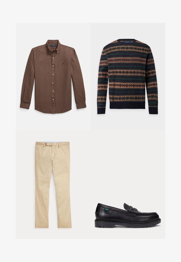 Trui met lange mouwen en ronde hals met horizontaal fair isle-patroon in navy, bruin, groen en bordeaux, Polo Ralph Lauren-logo aan de binnenkant van de kraag.; Bruine overhemd met knopen, voorzien van een puntige kraag, lange mouwen, witte knopen en een klein geborduurd logo op de borst. Gemaakt van glad katoen.; Beige broek met rechte pijpen, ceintuurlussen en een voorrits, plat gelegd tegen een witte achtergrond.; Zwarte leren loafer met dikke geprofileerde zool en klein groen "Polo" label aan de buitenkant bij de hiel.