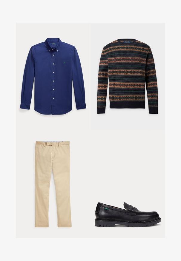 Langærmet crewneck-sweater med horisontalt fair isle-mønster i navy, brun, grøn og burgunderfarver, Polo Ralph Lauren mærke indeni kraven.; Mørkeblå langærmet skjorte med knapper lavet af bomuld. Har en spids krave og et lille grønt broderet logo på venstre bryst.; Beige bukser med lige ben, bæltestropper og frontlynlås, lagt fladt mod en hvid baggrund.; Sort læderloafer med tyk, mønstret sål og lille grøn "Polo"-mærke på ydersiden nær hælen.