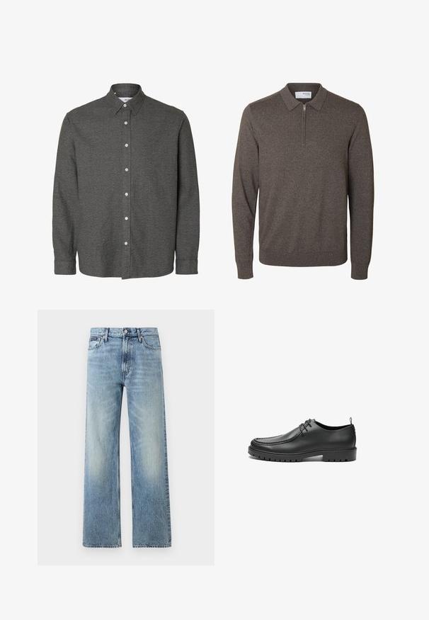 Heren bruin gebreide trui met lange mouwen, een kraag en korte rits bij de hals, geribde manchetten en zoom, met label Selected Homme.; Donkergrijs overhemd met lange mouwen, knopen, een puntige kraag en witte knopen aan de voorzijde in het midden.; Lichtblauwe denim jeans met rechte pijpen, een hoge taille, vijf zakken, knoopsluiting en subtiele vervaging op de dijen en knieën.; Zwarte lederen schoenen met een gladde afwerking, ronde neus en decoratieve stiksels. Beschikt over een rubberen zool met tractiegrepen en een vetersluiting.