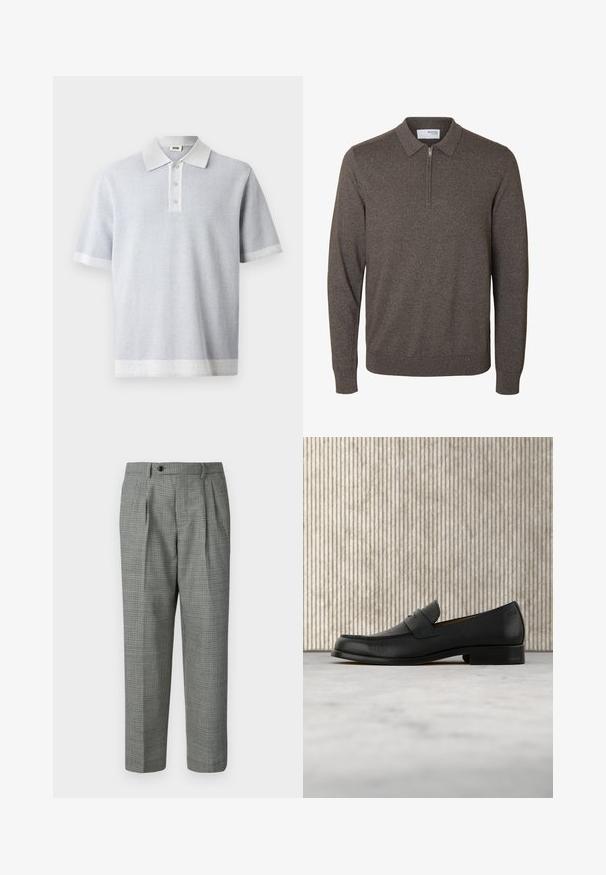 Pull en maille marron à manches longues pour homme avec col et courte fermeture éclair au niveau du cou, poignets et ourlet côtelés, étiqueté Selected Homme.; Polo gris clair avec un motif texturé, manches courtes, et un col et un ourlet blancs contrastants. Patte de boutonnage à trois boutons à l'avant.; Pantalons taille haute pour homme avec un motif pied-de-poule noir et blanc, fermeture par bouton, passants de ceinture et plis avant.; Mocassin en cuir noir flottant au-dessus d'un tapis beige avec une table ronde brune brillante en arrière-plan.