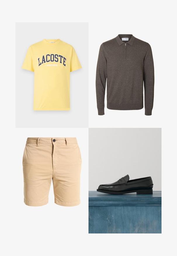 Jersey marrón de punto para hombre, de manga larga, con cuello y cremallera corta en el cuello, puños y bajo acanalados, etiquetado Selected Homme.; Camiseta de algodón amarilla con el logo "LACOSTE" en azul marino y el texto "SPORTSWEAR" debajo. Diseño sencillo de cuello redondo con mangas cortas.; Pantalones cortos de algodón beige con cremallera y cierre de botón, que cuentan con bolsillos laterales y una textura suave. Con dobladillo a la altura del muslo.; Mocasines de cuero negro con un diseño elegante, que presentan una puntera cosida y un acabado suave. El zapato tiene un tacón bajo y detalles mínimos.