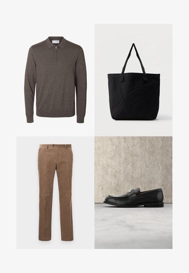 Heren bruin gebreide trui met lange mouwen, een kraag en korte rits bij de hals, geribde manchetten en zoom, met label Selected Homme.; Bruine corduroy broek met verticale ribbelstructuur, recht model, enkele knoopsluiting en twee voorzakken.; Zwarte leren loafer met een metalen merktekenplaatje, rustend bij een bruine ronde tafel op een beige tapijtvloer.; Zwarte canvas tas met twee schouderbanden en een subtiel, ingebosseleerd cirkelvormig ontwerp aan de voorkant.