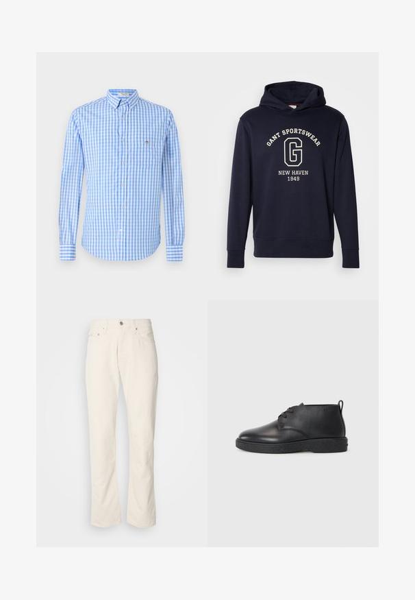 Navy blue huppari, joka on valmistettu puuvillasta. Siinä on etutasku, joustavat hihansuut ja graafinen printti, jossa lukee "GANT SPORTSWEAR" ja "NEW HAVEN 1949."; Sininen ja valkoinen ruudullinen napillinen paita pitkillä hihoilla, kauluksella ja rintataskulla. Kangas näyttää sileältä ja kevyeltä.; Beige puuvillafarkut klassikalisella suoranlahkeisella muotoilulla, etupainikkeella suljettuna, viidellä taskulla ja hillityillä ompeluyksityiskohdilla.; Mustat nahkaiset nilkkurit, joissa on sileä pinta, pyöreä kärki ja musta kumipohja. Varustettu nauhakiinnityksellä ja kantataskulla helppoa pukemista varten.