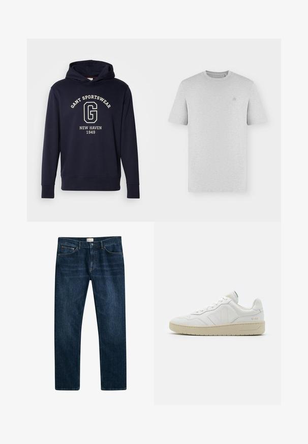 Mørkeblå hættetrøje lavet af bomuld, med en frontlomme, ribbede manchetter og et grafisk print med "GANT SPORTSWEAR" og "NEW HAVEN 1949."; Enkel lysegrå t-shirt med korte ærmer, rund halsudskæring og en lille diskret broderet logo på venstre bryst.; Mørkeblå denim jeans med lige ben, knap- og lynlåslukning samt forlommer. Glat tekstur og minimal falmning.; Hvide lædersneakers med struktureret overflade og polstret krave. Har en beige gummisål og diskret branding på hælen og siden.