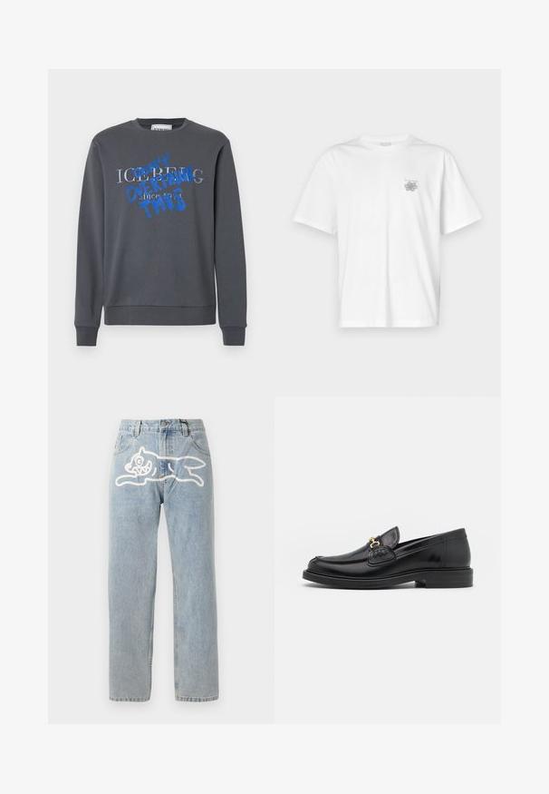 Iceberg FELPA - Sweater - grigio scuro; Witte t-shirt van katoen met korte mouwen, een ronde hals, en een klein grijs logo op de linker borstzijde. Soepele textuur.; Lichtblauwe denim jeans met een rechte snit, met een groot wit grafisch ontwerp van een kat op de achterkant. Klassiek vijfzakken ontwerp.; Zwarte leren instappers met een ronde neus, voorzien van een gouden hardware accent en stikdetails, geplaatst op een lage, getextureerde rubberen zool.