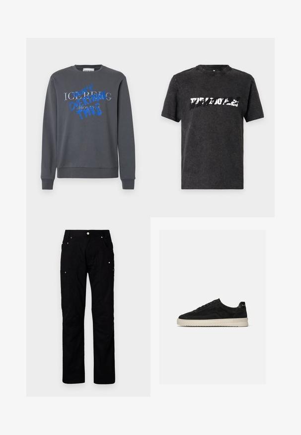 Iceberg FELPA - Sweatshirt - grigio scuro; Sort bomulds T-shirt med rund halsudskæring, med et dristigt, slidt hvidt grafisk design på brystet. Korte ærmer.; Sorte cargo-bukser lavet af slidstærkt stof med flere lommer, forstærket syning og metalaccenter for forbedret funktionalitet.; Sort ruskind lav-sneaker med sorte snørebånd og hvid gummisål, sidevisning på ensartet lys grå baggrund.