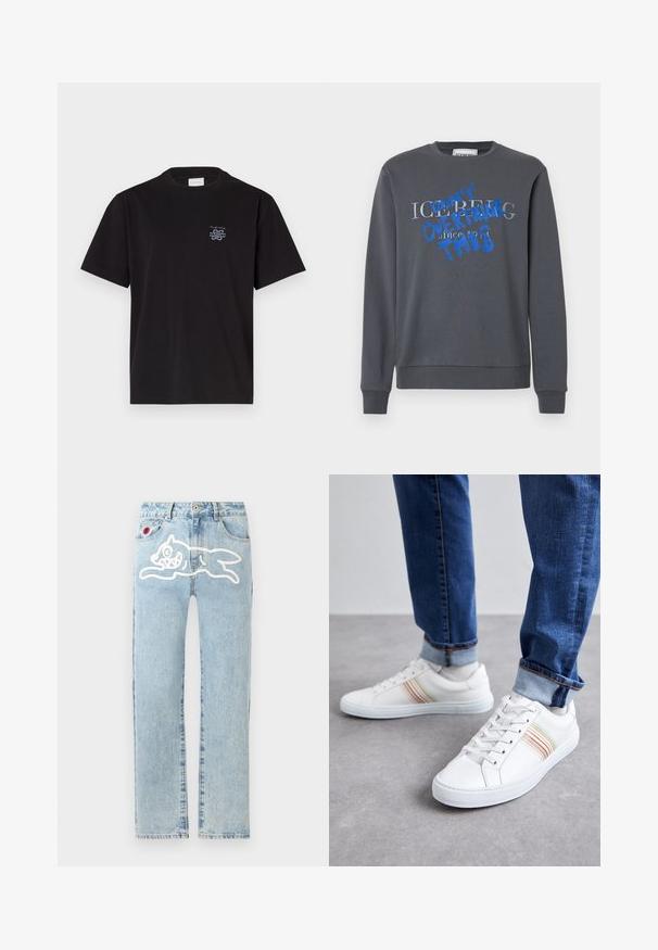 Iceberg FELPA - Sudadera - grigio scuro; Camiseta de algodón negra con cuello redondo y mangas cortas. Presenta un pequeño logo azul en el lado izquierdo del pecho. Diseño simple y de corte recto.; Icecream RUNNING DOG PANT - Vaqueros rectos - heavy wash blue; Zapatillas de cuero blancas con rayas multicolores, diseño de cordones, suela de goma y cuello acolchado, combinadas con jeans de mezclilla azul.