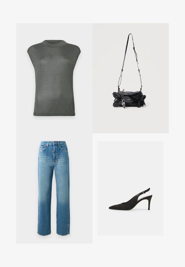 Metallisk mørkegrå kortærmet top med høj hals. Lavet af et strækbart, let reflekterende materiale. Glat tekstur og tætsiddende design.; Lys blå denim jeans med høj talje, lige ben og slidser i kanten. Har et traditionelt fem-lomme design og knaplukning.; Sort ruskind slingback højhælet sko med spids tå og justerbar spænde, vist i sideprofil på hvid baggrund.; Sort skuldertaske i læder med justerbar rem og to store dekorative sorte læderblomster med metaløjer foran.