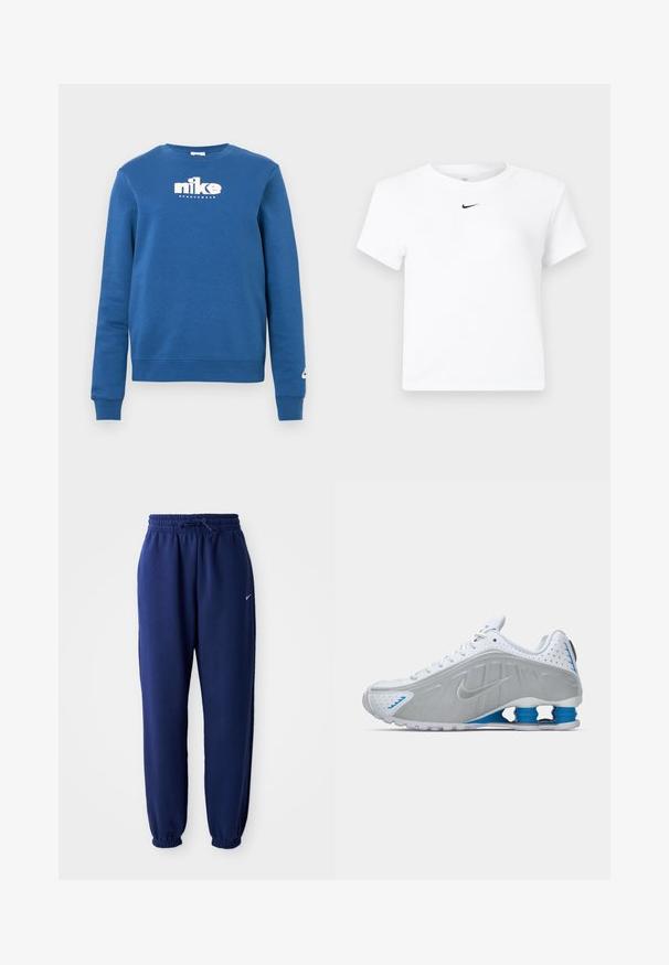 Blå bomuldssweatshirt med lange ærmer, rund halsudskæring og hvidt Nike-logo på brystet. Ribstrikkede manchetter og kant for forbedret pasform.; Hvid Nike cropped T-shirt med korte ærmer og en lille sort Nike swoosh-logo centreret under nakkekanten.; Mørkeblå sweatpants lavet af blødt stof, med elastisk talje med snøre, elastiske manchetter og et lille hvidt logo.; Hvide atletiske sko med grå detaljer, tekstureret overdel, perforeringer for åndbarhed og blå hælspiraler. Har en flad sål.