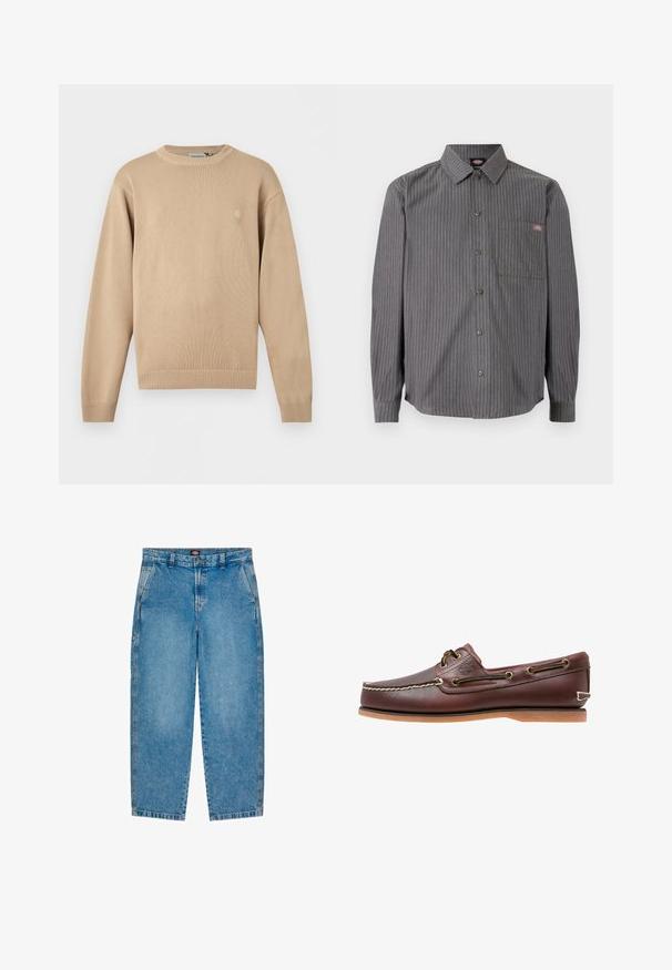 Beige langærmet striktrøje med ribkrave, manchetter og kant, med et lille diskret logo på venstre bryst.; Grå skjorte med knapper, silkeagtige hvide striber, lange ærmer, en brystlomme og en klassisk krave. Fremstillet af slidstærkt stof.; Lyseblå denim jeans med lige ben design. Har forlommer, lynlås og kontrastsyninger langs sømmene.; Brun læder bådsko med hvide sømme, snøre detaljer og lysbrun gummisål, vist fra siden på hvid baggrund.