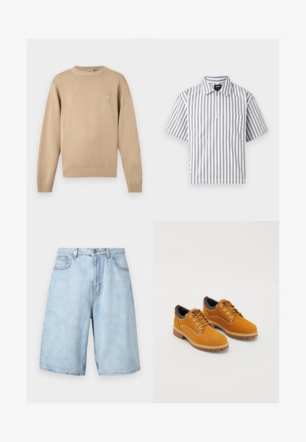 Pull en maille beige à manches longues avec col, poignets et ourlet côtelés, présentant un petit logo discret sur la poitrine gauche.; Chemise blanche à manches courtes avec des rayures grises verticales, une fermeture éclair à l'avant, deux poches poitrine, et un col plié, présentée sur fond blanc.; Shorts en denim bleu clair avec une coupe décontractée, dotés de deux poches avant, d'un zip et de coutures apparentes.; Chaussures en daim marron avec un bout rond, des lacets jaunes, un col rembourré noir et des semelles en caoutchouc avec des rainures de traction.
