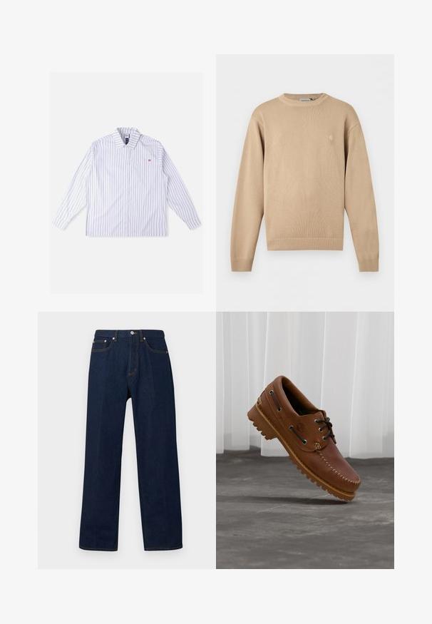 Jersey beige de punto con mangas largas, cuello, puños y dobladillo acanalados, con un pequeño y sutil logo en el pecho izquierdo.; Camisa blanca de manga larga con rayas verticales azules, cierre de botones en la parte delantera, cuello, bolsillo en el pecho izquierdo y detalle de logo rojo. Tela suave y tejida.; Pantalones vaqueros de mezclilla azul oscuro de corte recto, con cierre frontal de botones y cremallera, y diseño de cinco bolsillos sobre un fondo liso.; Zapato náutico de cuero marrón con cordones negros, costuras beige y una suela resistente, suspendido sobre un suelo de hormigón gris.