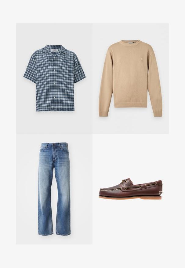 Pull en maille beige à manches longues avec col, poignets et ourlet côtelés, présentant un petit logo discret sur la poitrine gauche.; Chemise à manches courtes à boutons, motif à carreaux bleu marine et blanc, col à revers et quatre boutons sur le devant.; Jean en denim bleu à jambes droites avec un léger délavage sur les cuisses et les genoux, comprenant cinq poches et une fermeture à bouton.; Chaussure bateau en cuir marron avec coutures blanches, détails de lacets et semelle en caoutchouc beige, vue de côté sur fond blanc.