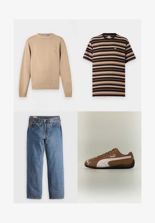 Beige lange mouwen gebreide trui met geribde kraag, manchetten en zoom, met een klein subtiel logo op de linkerborst.; T-shirt met korte mouwen met horizontale zwarte, bruine en beige strepen, voorzien van een klein Dickies logo op de borst.; Blauwe denim jeans met een rechte snit, met een hoge taille, koperen klinknagels en oranje stiksels. Voor- en achterzakken inbegrepen.; Bruine suède sneaker met witte accenten en een gestructureerd ontwerp. Heeft een zwarte rubberen zool en een opvallend Puma-logo aan de zijkant.