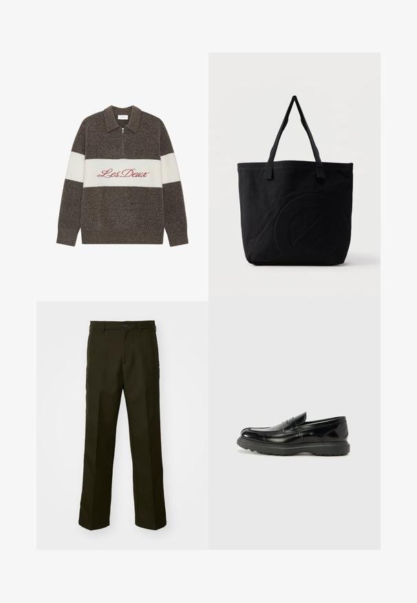Suéter con cremallera marrón y blanca con cuello; presenta un gran logo rojo de "Les Deux" en el pecho; hecho de tela de punto texturizada.; The Kooples PANTALON - Pantalones - kaki; Mocasín de cuero negro con un acabado brillante, punta redondeada, detalles de costura sutiles y una suela de goma gruesa para mayor durabilidad.; Bolsa tote de lona negra con dos correas para el hombro y un diseño circular en relieve sutil en el frente.