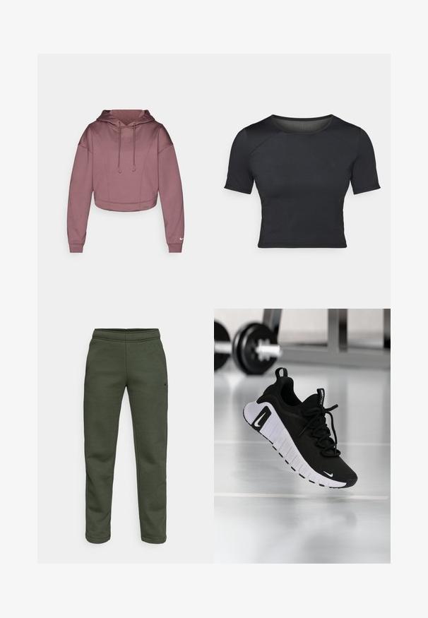 Gekürzter Kapuzenpullover aus weichem mauvefarbenem Stoff mit Kordelzugverschluss, gerippten Bündchen und Nike-Logo am unteren Ärmel.; Schwarzes, kurzärmliges Crop-Top aus glattem, elastischem Stoff mit rundem Ausschnitt und dezenten Nahtdetails an den Schultern.; Dunkelolivgrüne Jogginghose aus weichem Material, mit einem elastischen Bund und einem kleinen Logo-Detail an der Seite.; Schwarzer Sportschuh mit strukturiertem Stoffobermaterial, weißer Sohle und auffälligem Schnürsystem. Verfügt über ein Nike-Logo und ein weiches, gepolstertes Design.