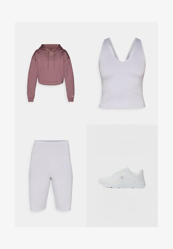 Sudadera corta con capucha en tejido suave color malva, con cierre de cordón, puños acanalados y logo de Nike en la parte inferior de la manga.; Top corto sin mangas de color gris claro con un escote en V profundo, hecho de una tela suave, con tirantes anchos y un diseño ajustado.; Bermudas de ciclismo gris claro, fabricadas con un tejido elástico, con una cinturilla alta y una textura suave sin patrones o acentos visibles.; Zapatillas deportivas blancas con parte superior de malla texturizada, cuello acolchado y logo en contraste en el costado. Cuenta con una suela de goma ligera.