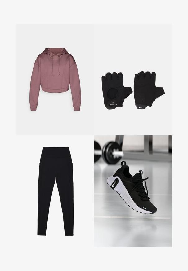 Sweat à capuche court en tissu mauve doux, avec fermeture à cordon, poignets côtelés et logo Nike sur le bas de la manche.; Leggings noirs avec une taille haute côtelée, un design sans coutures, des poches latérales et une texture lisse sur toute la surface.; Chaussure de sport noire avec une tige en tissu texturé, une semelle blanche et un système de laçage prononcé. Présente un logo Nike et un design doux et rembourré.; Gants sans doigts noirs avec un design texturé. Fabriqués en matériau respirant, dotés d'un trou pour le pouce et d'une paume renforcée pour une meilleure prise.