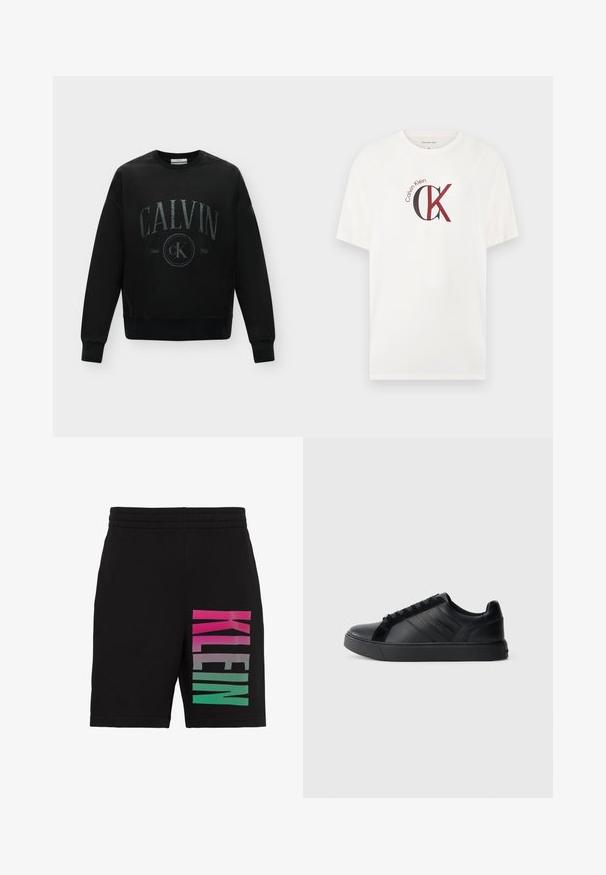 Sweat-shirt noir à manches longues avec le texte "CALVIN" et le logo circulaire "cK Since 1968" imprimés sur le devant.; T-shirt blanc à manches courtes avec le logo Calvin Klein "CK" en noir et rouge centré sur la poitrine.; Short noir avec taille élastique et grand texte vertical "KLEIN" sur une jambe en dégradé rose, gris et vert.; Baskets noires en cuir avec une finition lisse, panneaux latéraux texturés, bout rond, semelle plate et détail de logo sur le côté. Présente un lacet classique.