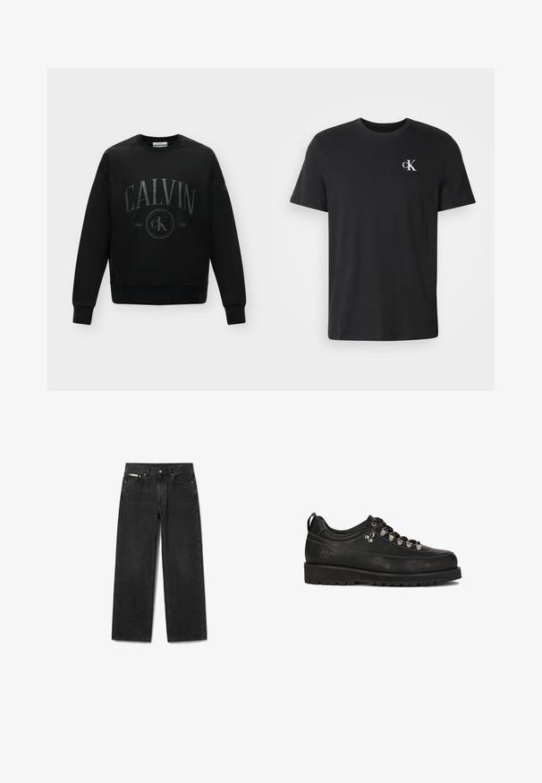 Sort langærmet sweatshirt med teksten "CALVIN" og rund "cK Since 1968" logo trykt på fronten.; Sort t-shirt med korte ærmer og rund halsudskæring samt lille hvid "cK"-logo på øverste venstre bryst.; Sorte straight-leg denimjeans med frontknap og lynlås, fem lommer og et lille mærkelabel på den højre frontlomme.; Kazar Studio KS BLAISE - Sporty snøresko - black