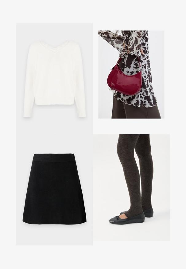 Hvid strikket sweater med v-udskæring og blondekant. Har lange ærmer, ribbede manchetter og en let cropped kant. Blødt, struktureret stof.; Sort A-line nederdel med bred talje, glat tekstur og enkelt design, vist mod en lysegrå baggrund.; Ben iført mørke ribbede leggings kombineret med sorte balletsko med små sløjfedetaljer på hvid baggrund.; Kvinde iført en sort- og hvidmønstret bluse, der holder en blank rød skuldertaske mod en ensfarvet baggrund.