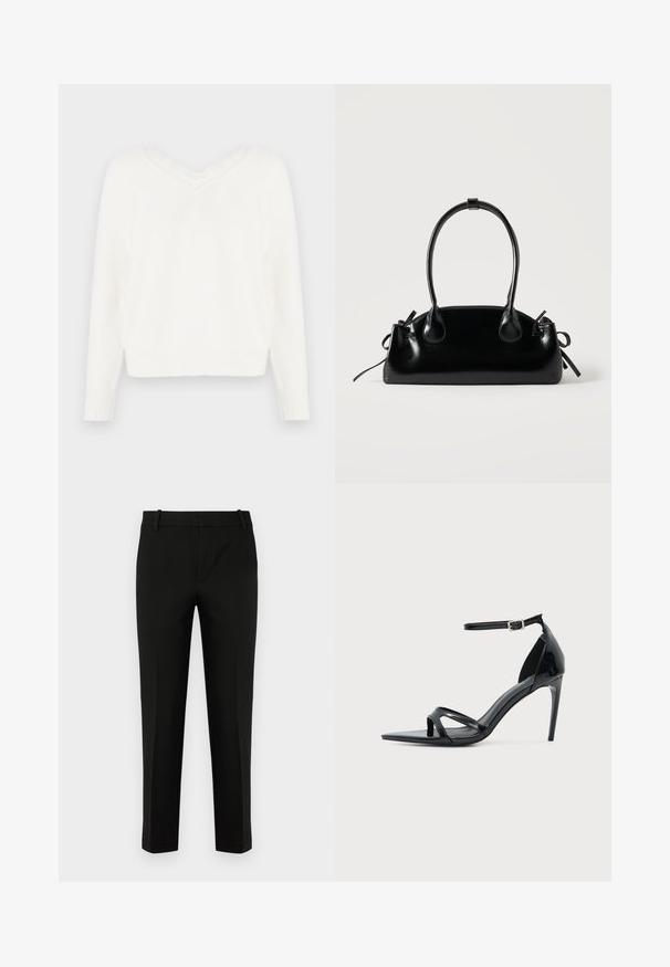 Suéter blanco de punto con escote en V y borde de encaje. Presenta mangas largas, puños acanalados y un dobladillo ligeramente corto. Tejido suave y texturizado.; Pantalones negros de corte ajustado, con un frente plano, bolsillos laterales y una textura suave. Diseñados con una cintura de altura media y perneras estrechas.; Sandalia de tacón alto de charol negro con una fina correa en el tobillo, punta abierta y diseño minimalista sobre un fondo claro y liso.; Pequeño bolso negro brillante con dos asas largas y detalles de cordón lateral sobre un fondo claro liso.