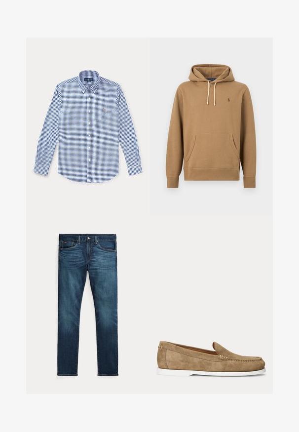 Lichtbruine capuchonsweater met voorzak, verstelbare witte veters en klein geborduurd Polo-logo op de linkerborst.; Blauw-wit geruit overhemd met lange mouwen, een kraag en een klein geborduurd logo op de linkerborst.; Donkerblauwe slim-fit jeans met vooraan een knoop en ritssluiting, vijf zakken en subtiel vervagen op de voorkant van de dijen en knieën.; Lichtbruine suède mocassinstijl loafer met witte zool en zichtbare stiksels langs de neus en zijkanten, zijaanzicht.