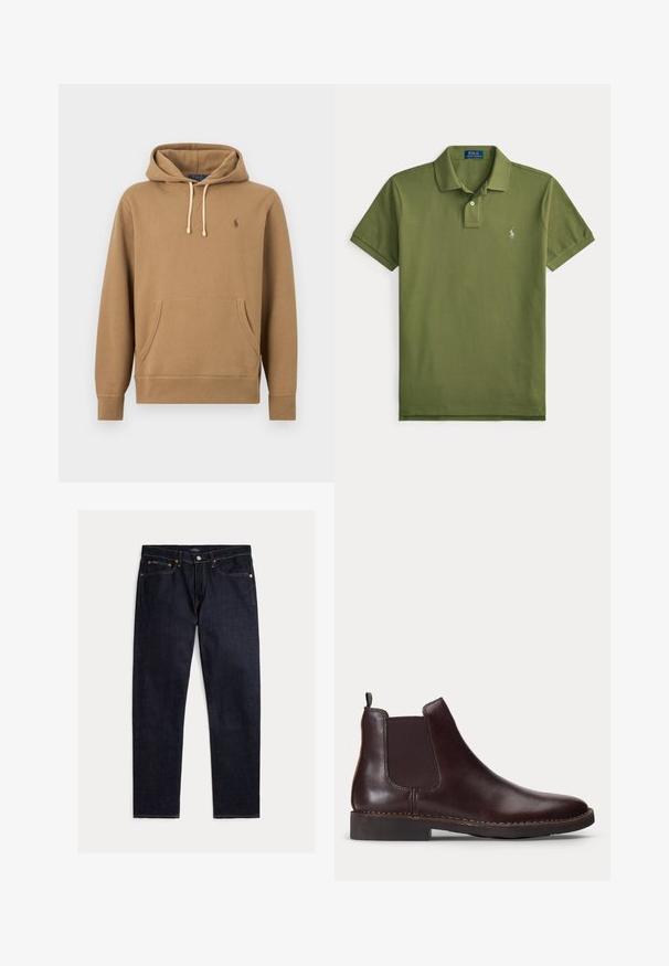 Lichtbruine capuchonsweater met voorzak, verstelbare witte veters en klein geborduurd Polo-logo op de linkerborst.; Groene korte mouwen Polo Ralph Lauren polo met kraag, twee knopen en klein wit geborduurd logo op de linkerborst.; Donker indigoblauwe rechte jeans met vijf zakken, knoop- en ritsluiting en contrasterende oranje stiksels op een effen achtergrond.; Donkerbruine leren Chelsea-boot met elastisch zijpaneel en lage hak, weergegeven in profiel op een witte achtergrond.