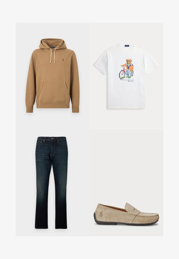 Lysebrun hættetrøje med forlomme, justerbare hvide snore og lille broderet Polo-logo på venstre bryst.; Hvid T-shirt med en bjørn iført solbriller, jeans og jakke, der står ved siden af en rød cykel med teksten Polo Bear by Ralph Lauren.; Mørkeblå straight-leg denim jeans med fem lommer og orange syninger, vist fladt på en hvid baggrund.; Beige ruskindsloafers med syninger, flad gummisål og et lille logo på siden. Klassisk slip-on design, blød tekstur.