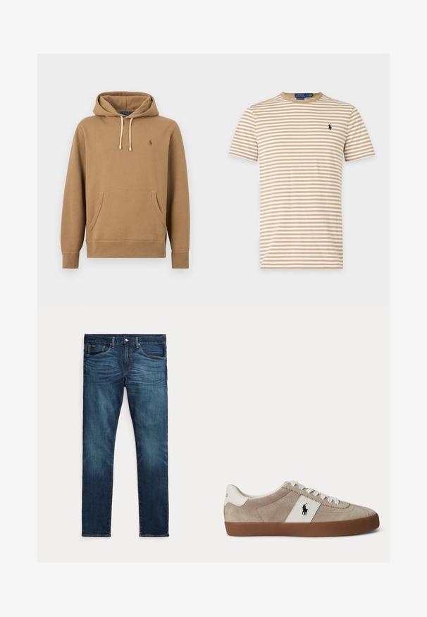 Lichtbruine capuchonsweater met voorzak, verstelbare witte veters en klein geborduurd Polo-logo op de linkerborst.; Beige en wit gestreept T-shirt met korte mouwen en ronde hals, met een klein donker geborduurd logo op de linkerborst.; Donkerblauwe slim-fit jeans met vooraan een knoop en ritssluiting, vijf zakken en subtiel vervagen op de voorkant van de dijen en knieën.; Beige suède lage sneaker met witte veters, wit lederen accent met zwart paardenlogo en een bruine rubberen zool.