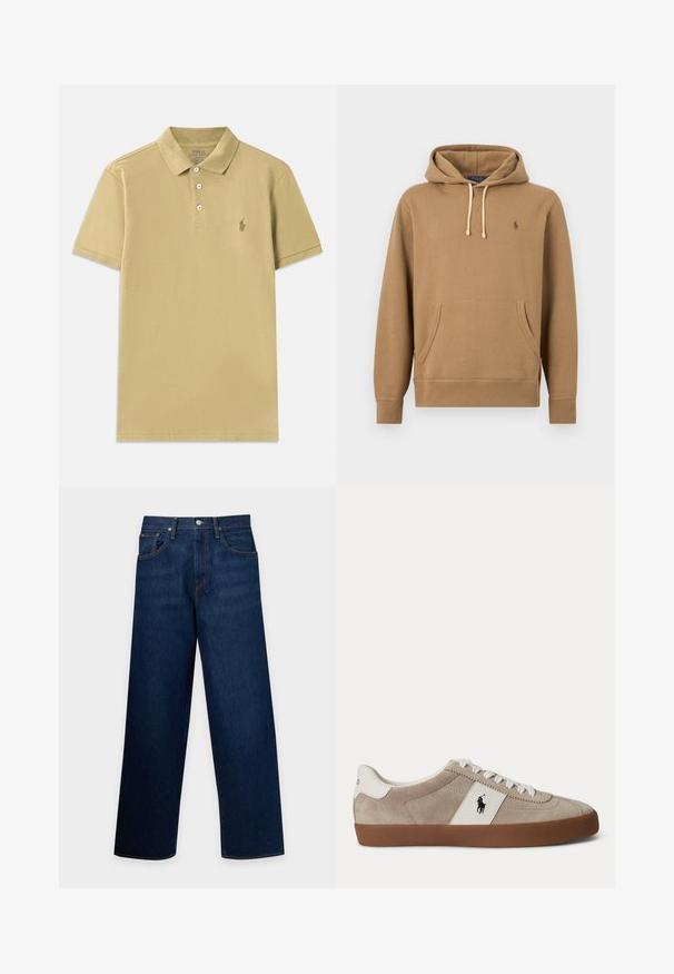 Svetlohnedá mikina s kapucňou, predným vreckom, nastaviteľnými bielymi šnúrkami a malým vyšívaným logom Polo na ľavej strane hrude.; Khaki polo tričko vyrobené z bavlny, so klasickým golierom, krátkymi rukávmi, zapínaním na tri gombíky a vyšívaným logom na hrudi.; Tmavomodré rifle s rovnými nohavicami s prednými vreckami, pútkami na opasok a kovovým gombíkovým zapínaním, zobrazené na jednoduchom pozadí.; Béžová semišová nízka teniska s bielymi šnúrkami, bielym koženým prvkom s čiernym logom koňa a hnedou gumovou podrážkou.