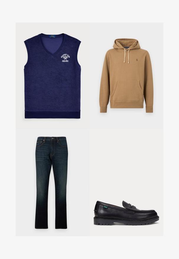 Hellbrauner Kapuzenpullover mit Fronttasche, verstellbaren weißen Kordeln und kleinem besticktem Polo-Logo auf der linken Brust.; Seegrüne ärmellose Poloshirt aus Frottee-Material; verfügt über einen V-Ausschnitt, gerippten Kragen und ein weißes Logo mit Tennisschlägern.; Dunkelblaue Straight-Leg-Denim-Jeans mit fünf Taschen und orangener Naht, flach auf weißem Hintergrund dargestellt.; Schwarzer Lederloafer mit dicker Profilsohle und kleinem grünen "Polo"-Etikett an der Außenseite nahe der Ferse.