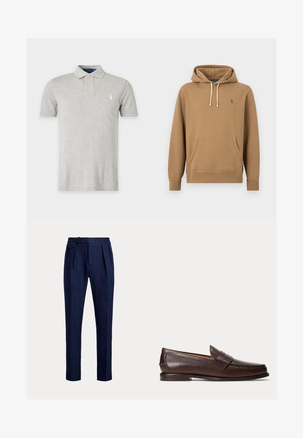 Sweat à capuche marron clair avec poche avant, cordons blancs réglables et petit logo Polo brodé sur la poitrine gauche.; Polo gris clair à manches courtes avec deux boutons et petit logo blanc brodé sur la poitrine gauche.; Pantalon bleu marine sur mesure avec plis à l’avant et une sangle latérale ajustable avec bouton à la taille.; Mocassin penny en cuir marron foncé avec des détails de couture et un petit talon empilé, présenté de profil sur un fond uni.