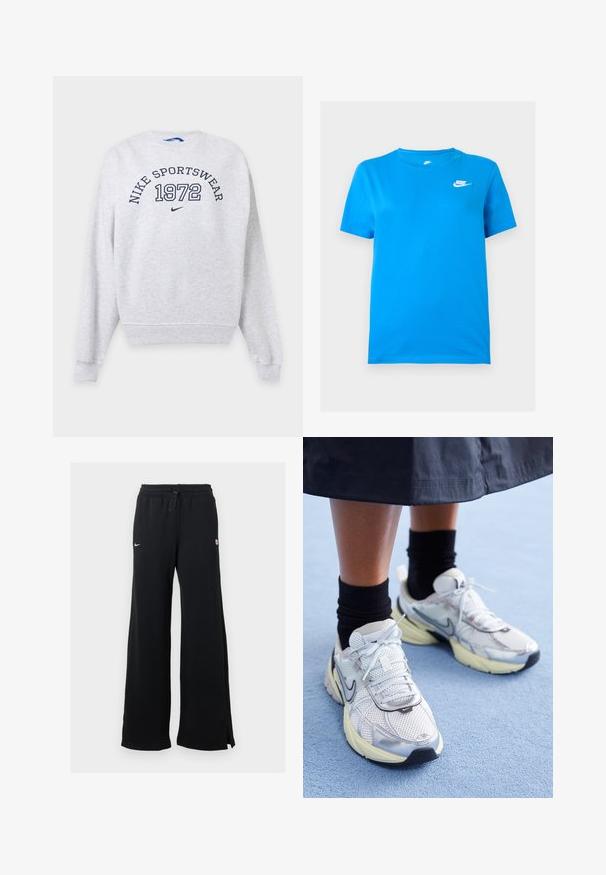 Lichtgrijze Nike-trui met lange mouwen met "NIKE SPORTSWEAR" en "1972" gedrukt in marineblauw op de borst, plus een klein Nike swoosh-logo.; Blauw short-sleeve Nike T-shirt met ronde hals en wit Nike-logo op de bovenste linkerborst tegen een effen achtergrond.; Zwarte joggingbroek met wijd been, elastische tailleband, trekkoord en logodetail. De stoftextuur lijkt zacht en comfortabel.; Witte en zilveren Nike sneakers van meshstof, met reflecterende accenten en een beige zool. Gedragen met zwarte sokken, staand op een blauwe ondergrond.