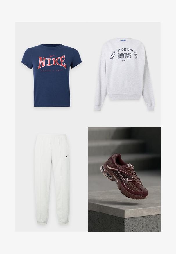 Φωτεινό γκρι μακρυμάνικο φούτερ Nike με "NIKE SPORTSWEAR" και "1972" τυπωμένα σε σκούρο μπλε στο στήθος, καθώς και μικρό λογότυπο Nike swoosh.; Μπλε σκούρο κοντομάνικο t-shirt με τη λέξη "NIKE" σε μεγάλα κόκκινα γράμματα και ένα μικρό κόκκινο λογότυπο Nike πάνω, καθώς και τη φράση "ATHLETIC DEPT." κάτω.; Ανοιχτό γκρι φόρμα Nike με ελαστική μέση, στενά μανσέτες και μικρό μαύρο λογότυπο στο αριστερό μηρό. Μαλακό, υφασμάτινο ύφασμα με υφή.; Μαύρο-καφέ παπούτσι τρεξίματος Nike με ύφασμα διχτυού, επενδεδυμένο γιακά, παχιά σόλα και λευκές λεπτομέρειες. Ο σχεδιασμός διαθέτει στρογγυλεμένη μύτη και έντονα κορδόνια.