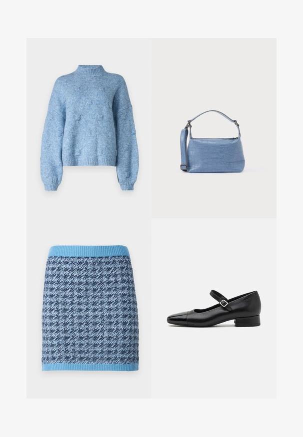 Vero Moda Knitted VMGAIL Knitted - Strickpullover - allure; Strickrock mit geometrischem Muster in Blautönen, ausgestattet mit einem gerippten, hellblauen Bund und einer strukturierten Stoffoberfläche.; Schwarze Leder-Mary-Jane-Schuhe mit einer patentierten Zehenkappe, verstellbarem Knöchelriemen und niedrigem Blockabsatz. Glatte Textur und elegantes Design.; Hellblaue Handtasche mit Krokodilleder-Prägung, kurzem Griff und abnehmbarem Schulterriemen. Glatte Textur mit Reißverschlussverschluss.