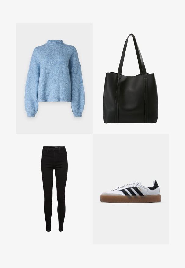 Vero Moda Knitted VMGAIL Knitted - Svetrík - allure; Čierne denimové skinny džínsy s vysokým pásom, dizajnom s piatimi vreckami, pútkami na opasok a jemnými švami. Hladká textúra, tesne priliehajúci strih.; Biele kožené tenisky s čiernymi pruhmi, gumová podrážka, okrúhla špička, šnurovanie a mäkký sivý semišový špička.; Čierna kožená taška cez rameno s dvoma dlhými uchami, minimalistický dizajn, hladký povrch a vertikálne švy na prednej strane.