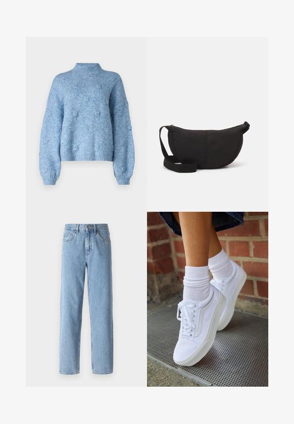 Vero Moda Knitted VMGAIL Knitted - Strickpullover - allure; Hellblaue Denim-Jeans mit geradem Schnitt, hohem Bund und Fünf-Taschen-Design. Enthält einen Metallknopf und Gürtelschlaufen.; Weiße Leinensneaker mit Gummisohlen, ausgestattet mit sechs Ösen, runder Zehenpartie und dezenten Nähten, kombiniert mit weißen Knöchelsocken.; Schwarze Schultertasche mit einer abgerundeten Silhouette. Hergestellt aus strukturiertem Stoff, ausgestattet mit einem Reißverschluss und einem geflochtenen Schulterriemen. Schlichtes, minimalistisches Design.